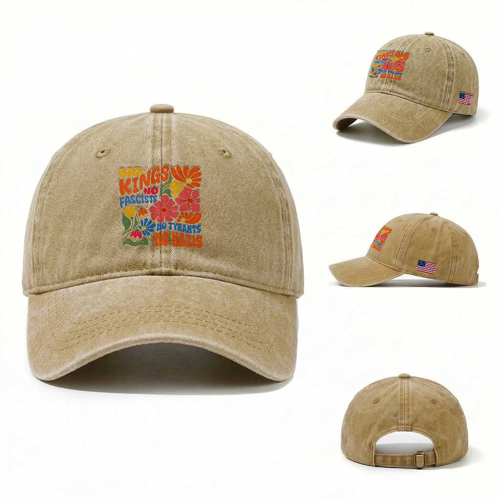 No Kings Wildflower Protest Washed Cotton Baseball Cap No Fascists No Tyrants No Nazis TS12 Washed Cap Universal Fit Khaki Print Your Wear
