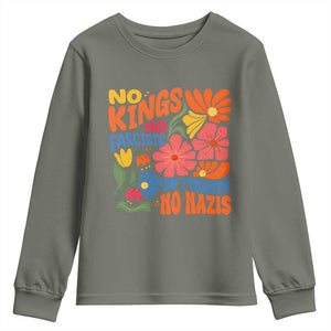 No Kings Wildflower Protest Youth Sweatshirt No Fascists No Tyrants No Nazis TS12 Military Green Print Your Wear