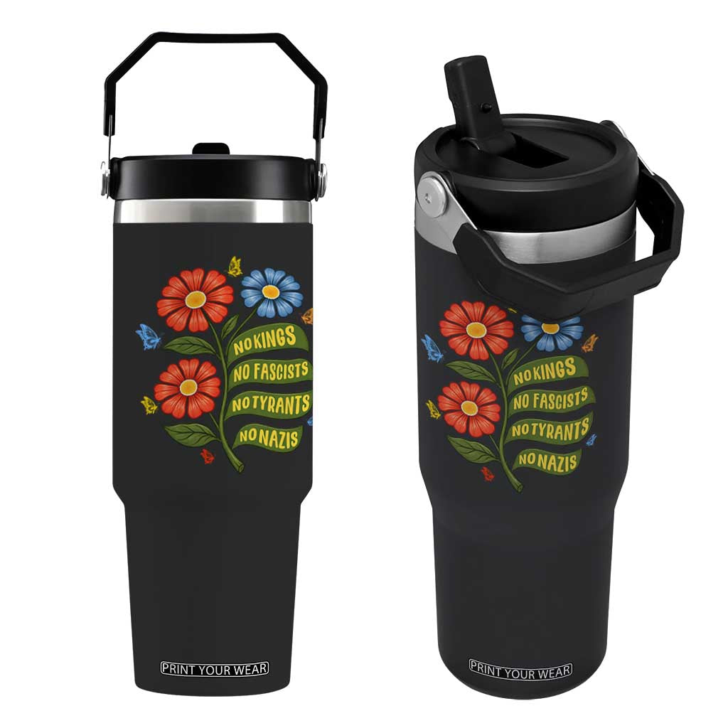 Wildflower Protest Freedom Gift Flip Straw Tumbler No Kings No Fascists No Tyrants TS12 One Size: 30 oz Black Print Your Wear