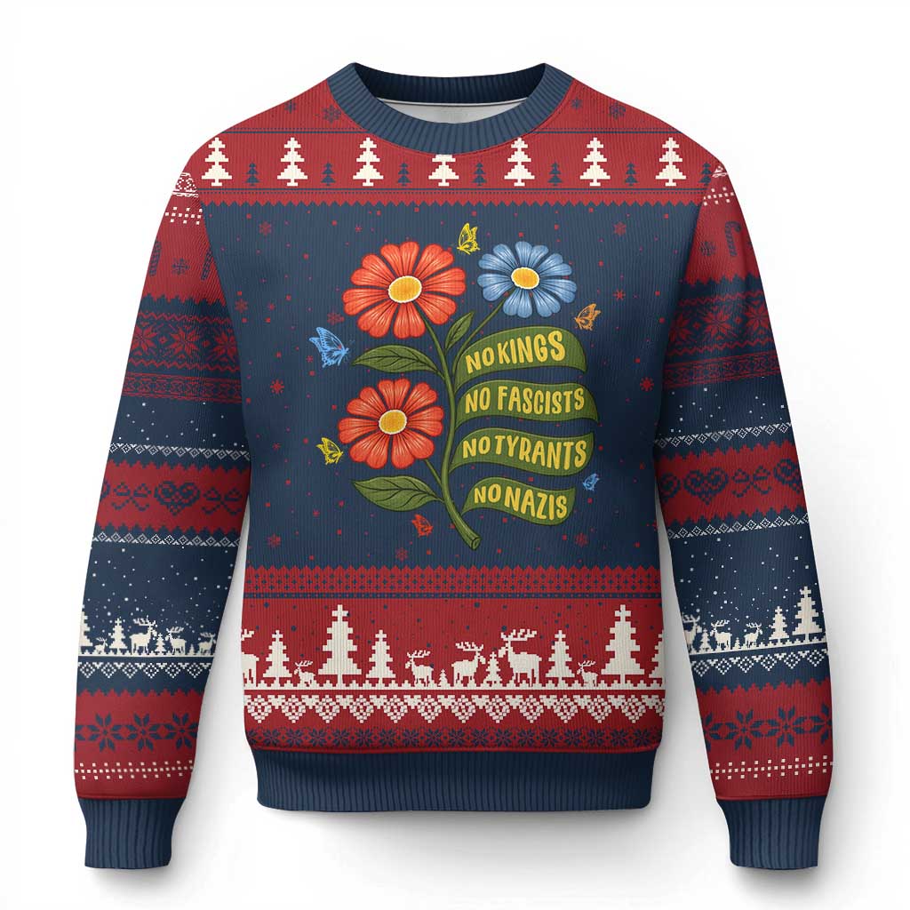 Wildflower Protest Freedom Gift Ugly Christmas Sweater No Kings No Fascists No Tyrants TS12 Navy Red Print Your Wear