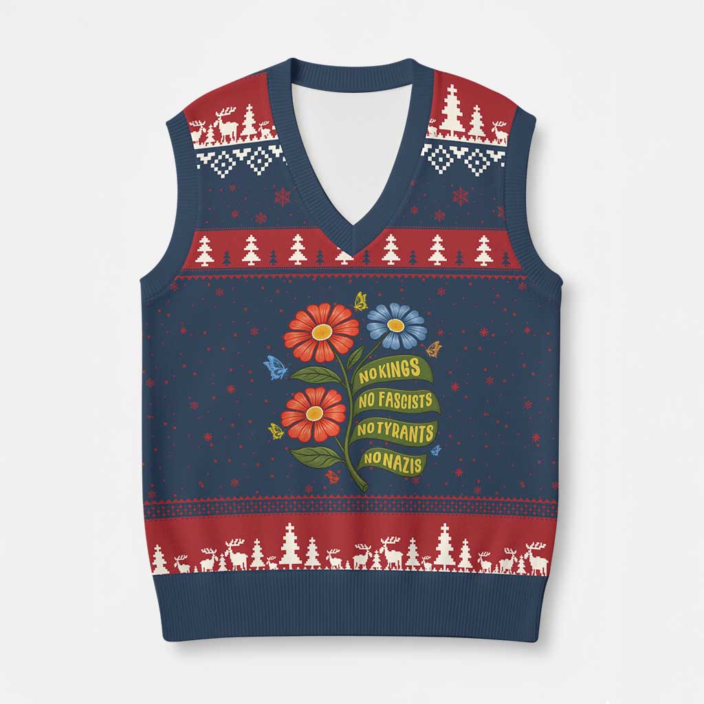 Wildflower Protest Freedom Gift V-Neck Knit Sweater Vest No Kings No Fascists No Tyrants TS12 Navy Red Print Your Wear