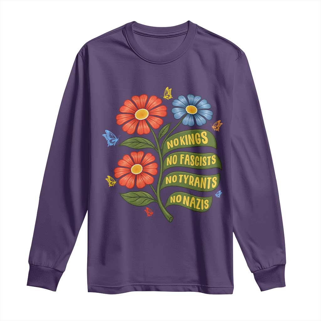 Wildflower Protest Freedom Gift Long Sleeve Shirt No Kings No Fascists No Tyrants TS12 Purple Print Your Wear