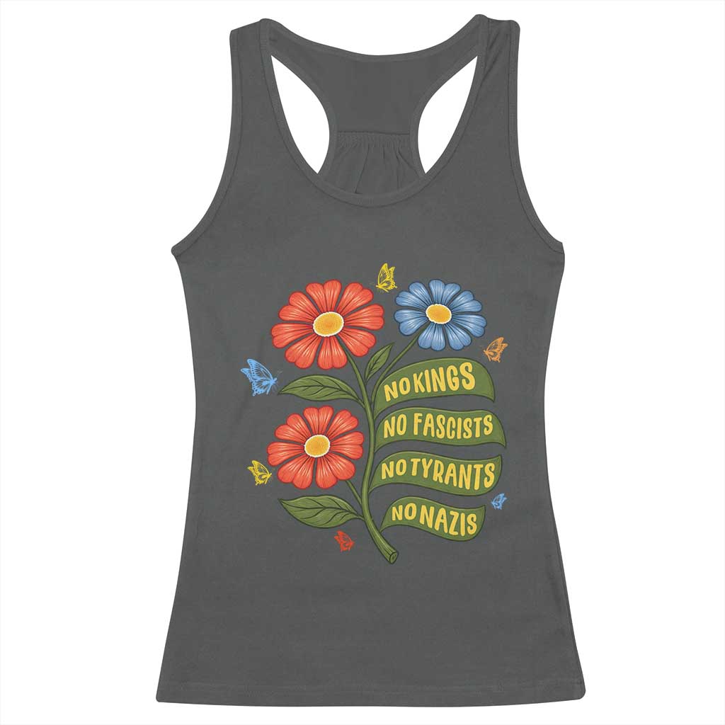 Wildflower Protest Freedom Gift Racerback Tank Top No Kings No Fascists No Tyrants TS12 Dark Heather Print Your Wear