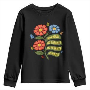 Wildflower Protest Freedom Gift Youth Sweatshirt No Kings No Fascists No Tyrants TS12 Black Print Your Wear