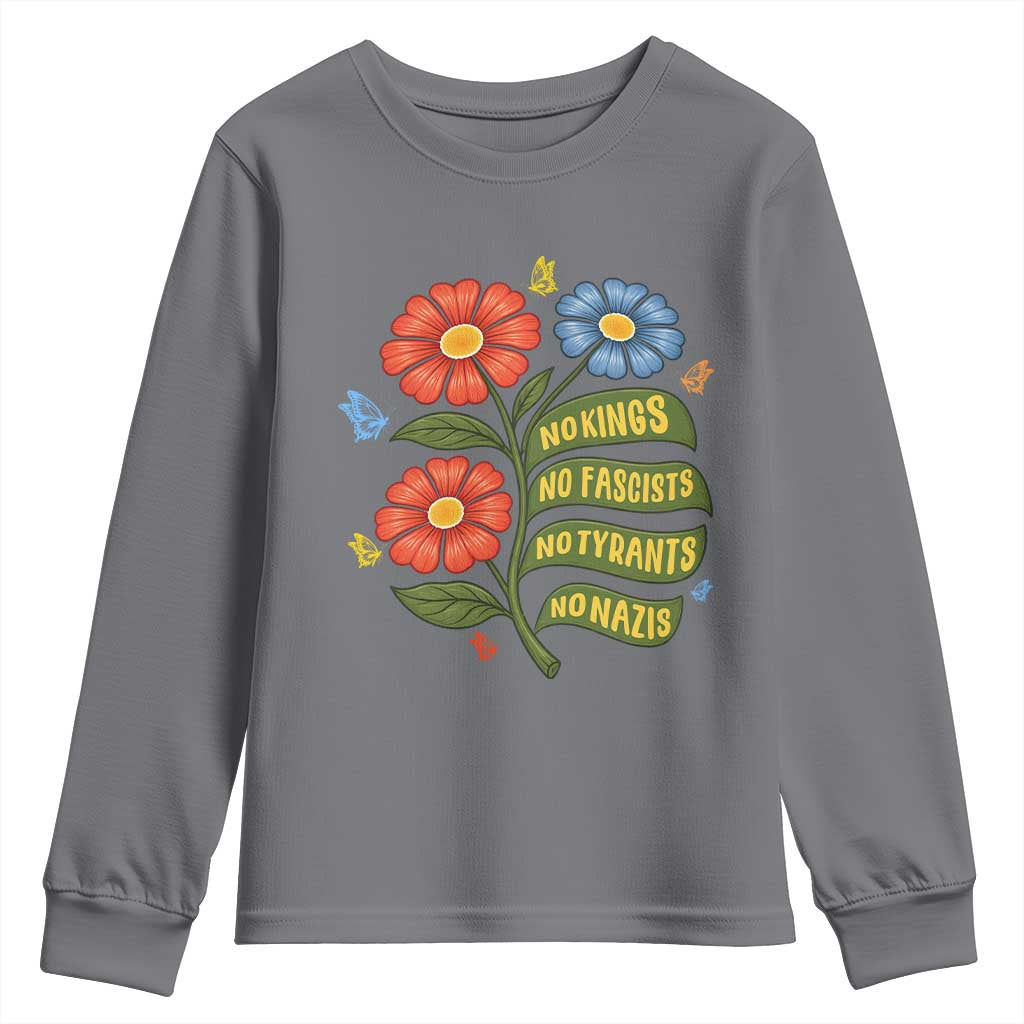 Wildflower Protest Freedom Gift Youth Sweatshirt No Kings No Fascists No Tyrants TS12 Charcoal Print Your Wear