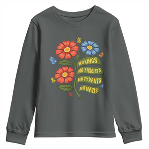 Wildflower Protest Freedom Gift Youth Sweatshirt No Kings No Fascists No Tyrants TS12 Dark Heather Print Your Wear