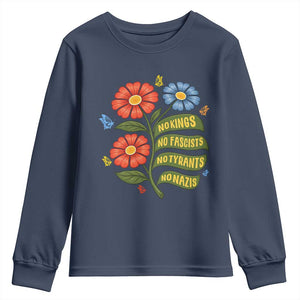 Wildflower Protest Freedom Gift Youth Sweatshirt No Kings No Fascists No Tyrants TS12 Navy Print Your Wear