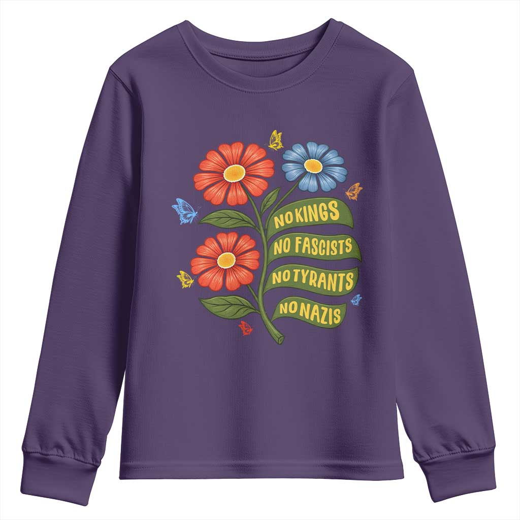 Wildflower Protest Freedom Gift Youth Sweatshirt No Kings No Fascists No Tyrants TS12 Purple Print Your Wear