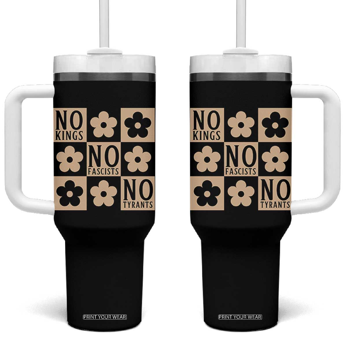 No Kings Wildflower Retro Boho Floral Tumbler With Handle TS12 One Size: 40 oz Black Print Your Wear