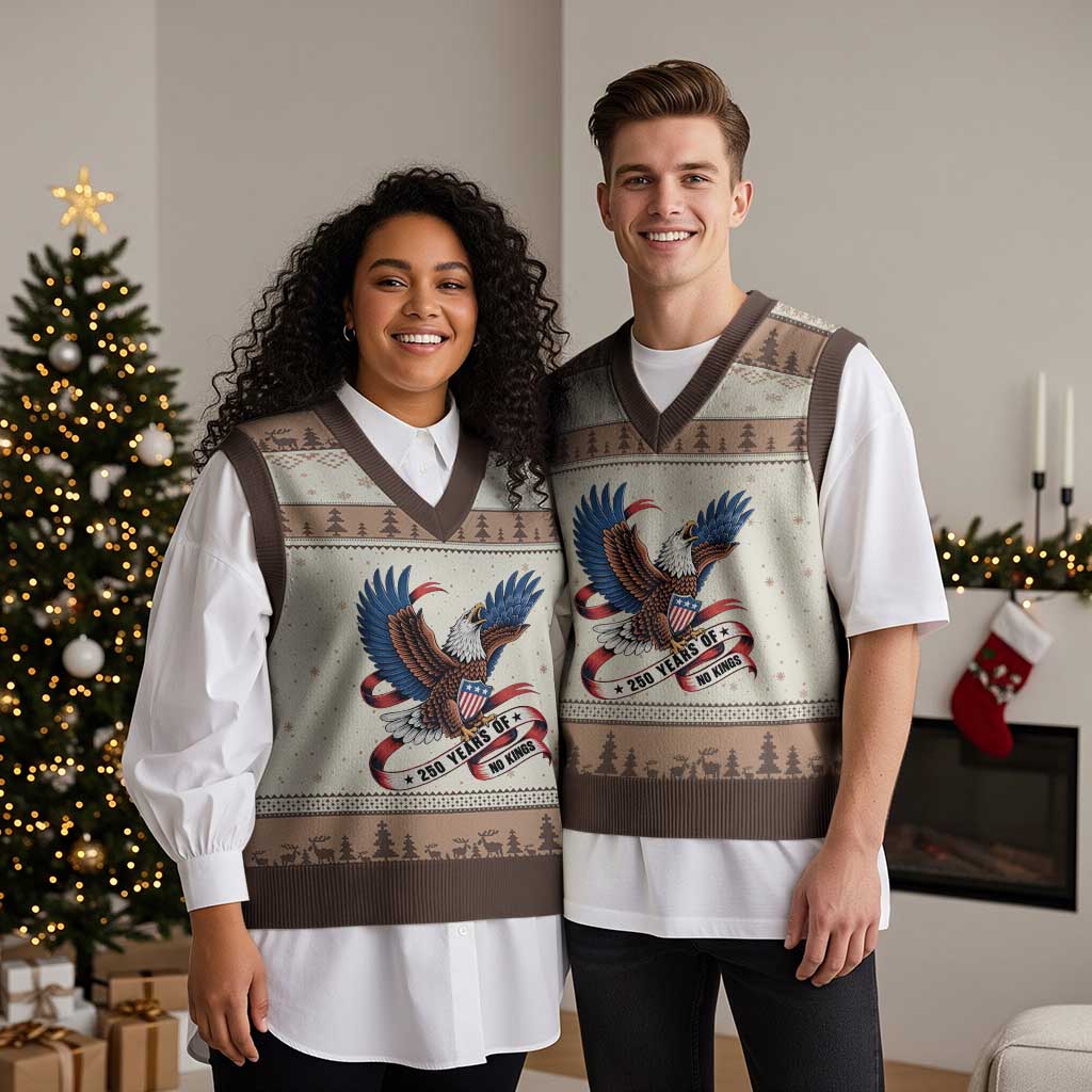 No Kings V-Neck Knit Sweater Vest USA 250th Anniversary Freedom Eagle TS12 Mocha Mousse Print Your Wear