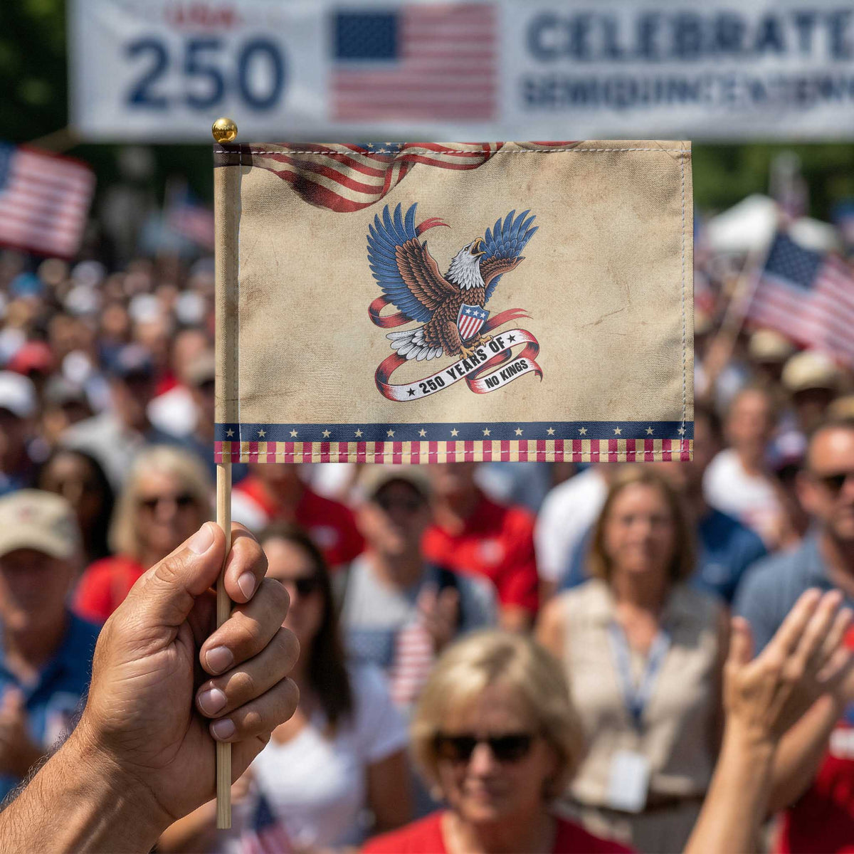 250 Years of No Kings Patriotic Handheld Flag USA 250th Anniversary Freedom Eagle TS12 Vintage 8.2