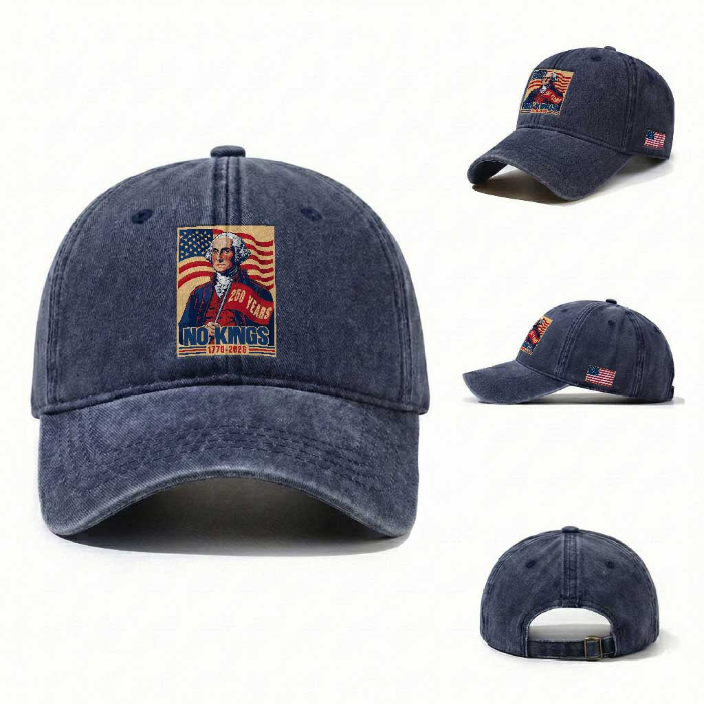Funny George Washington Freedom Protest Washed Cotton Baseball Cap No Kings TS12 Washed Cap Universal Fit Navy Print Your Wear