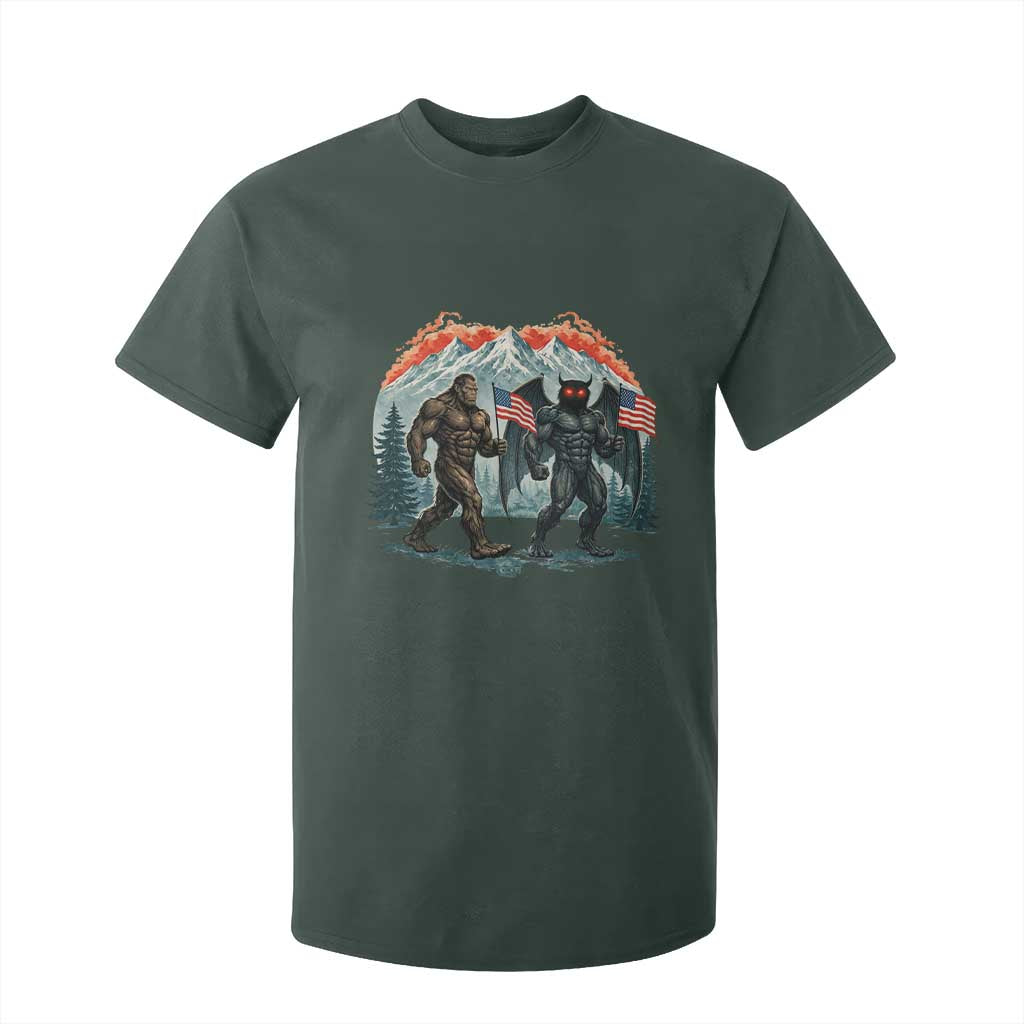 Patriotic Bigfoot And Mothman T Shirt For Kid Funny Cryptid Lover Gift TS12 Dark Forest Green Print Your Wear