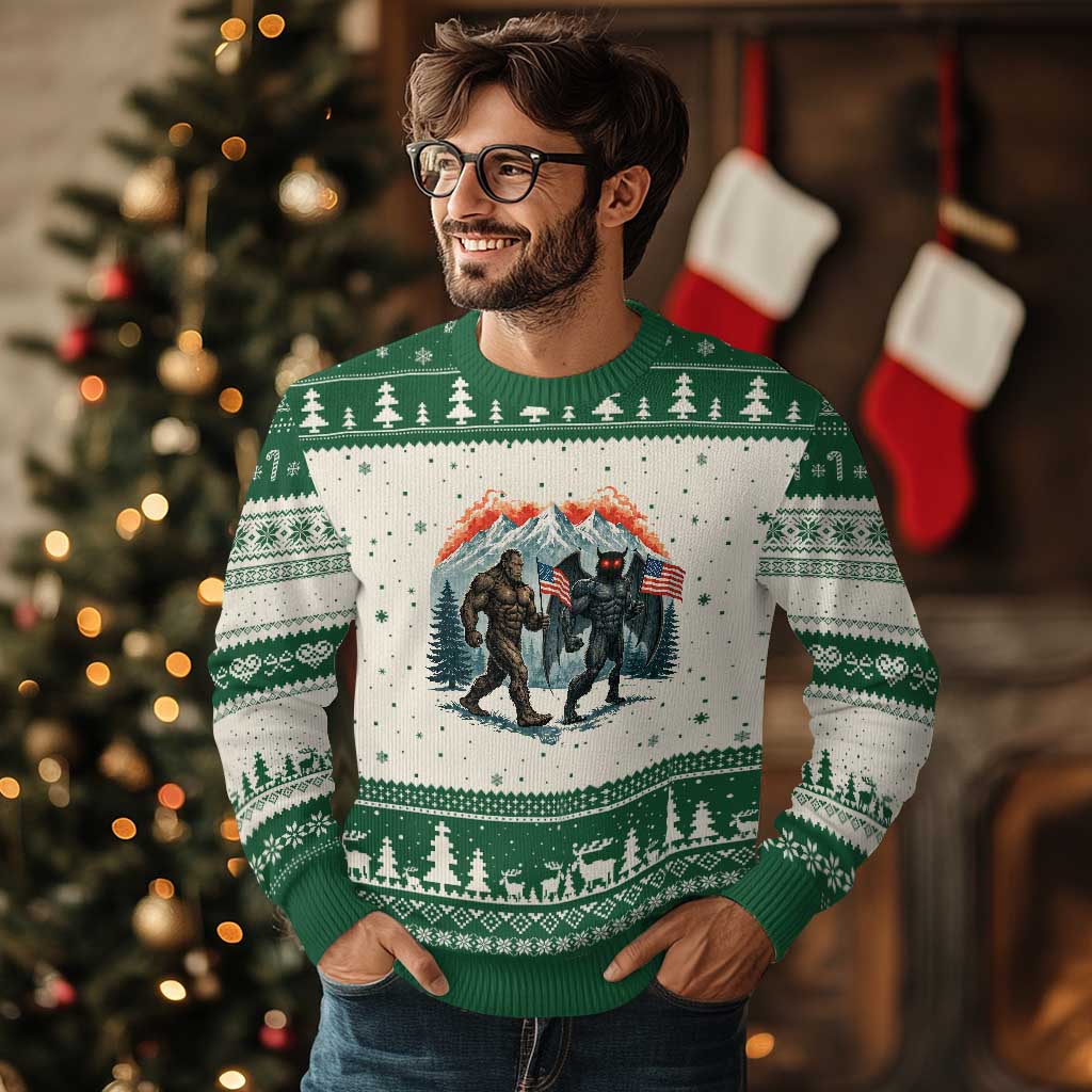 Patriotic Bigfoot And Mothman Ugly Christmas Sweater Funny Cryptid Lover Gift TS12 Beige Green Print Your Wear