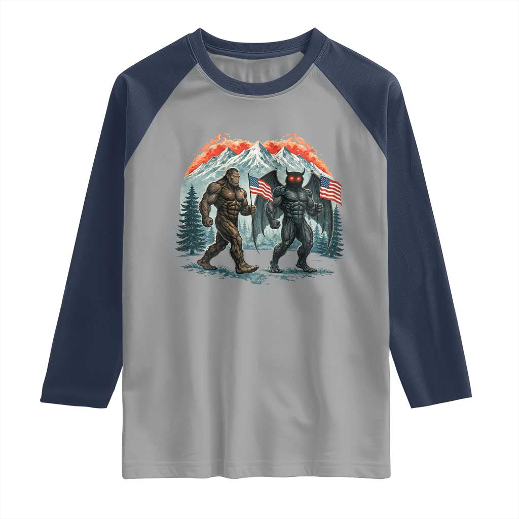Patriotic Bigfoot And Mothman Raglan Shirt Funny Cryptid Lover Gift TS12 Sport Gray Navy Print Your Wear