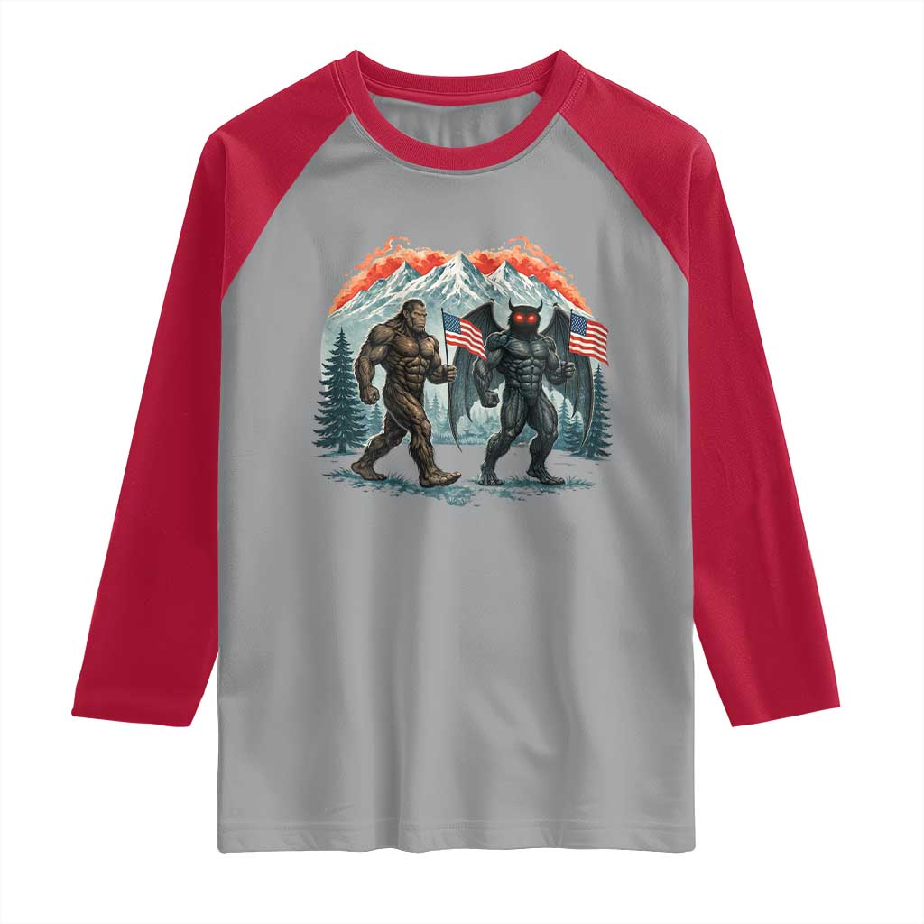 Patriotic Bigfoot And Mothman Raglan Shirt Funny Cryptid Lover Gift TS12 Sport Gray Red Print Your Wear