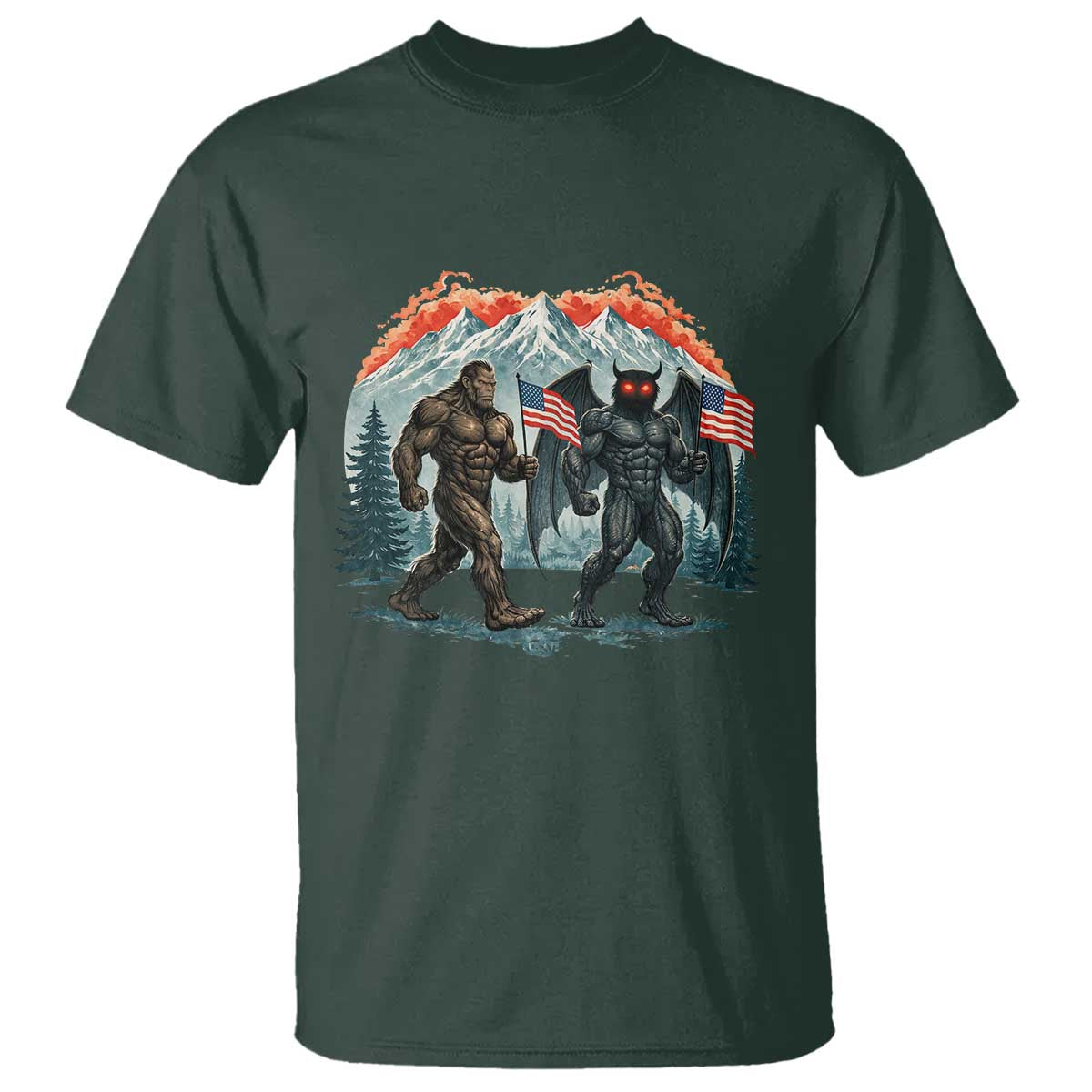 Patriotic Bigfoot And Mothman T Shirt Funny Cryptid Lover Gift TS12 Dark Forest Green Print Your Wear