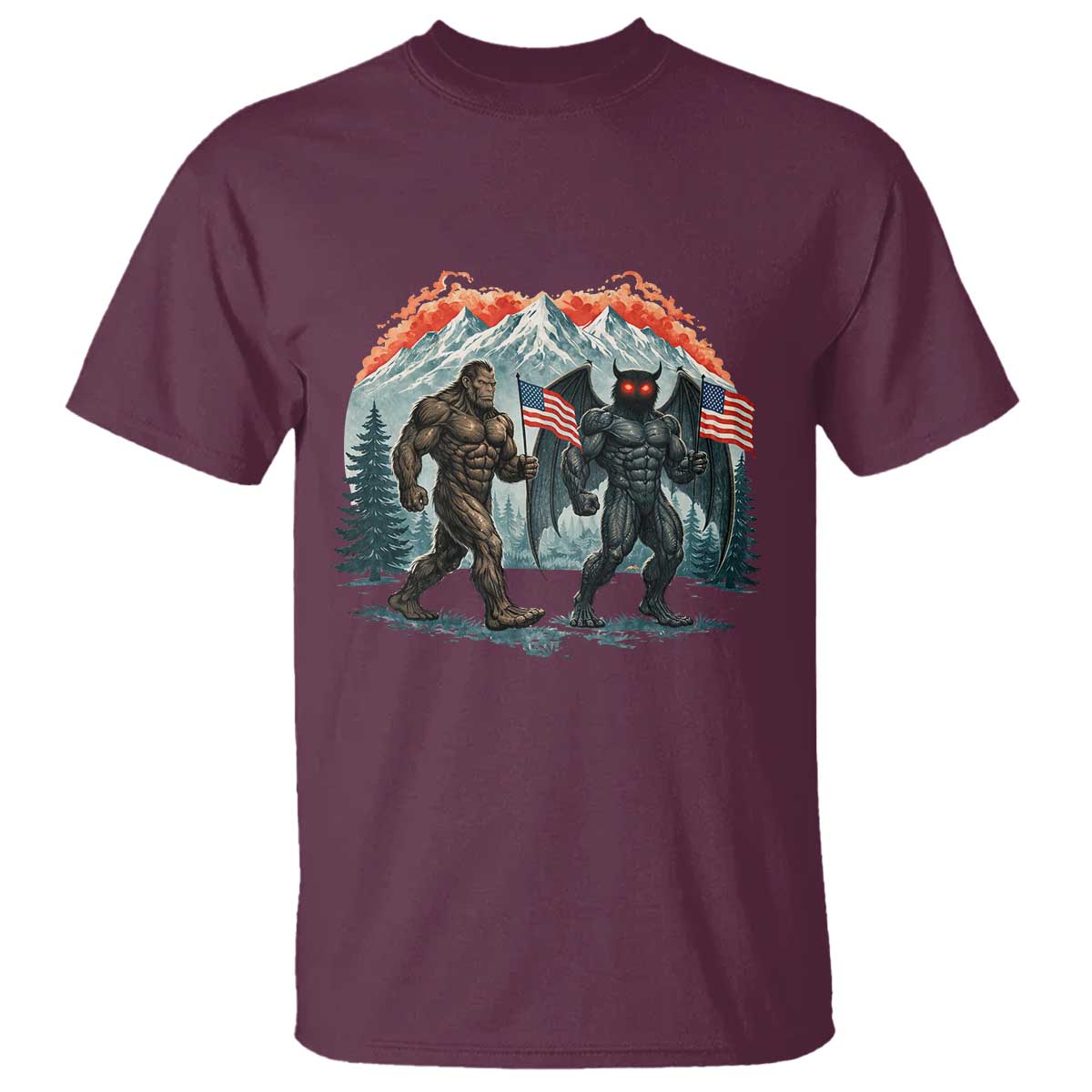 Patriotic Bigfoot And Mothman T Shirt Funny Cryptid Lover Gift TS12 Maroon Print Your Wear
