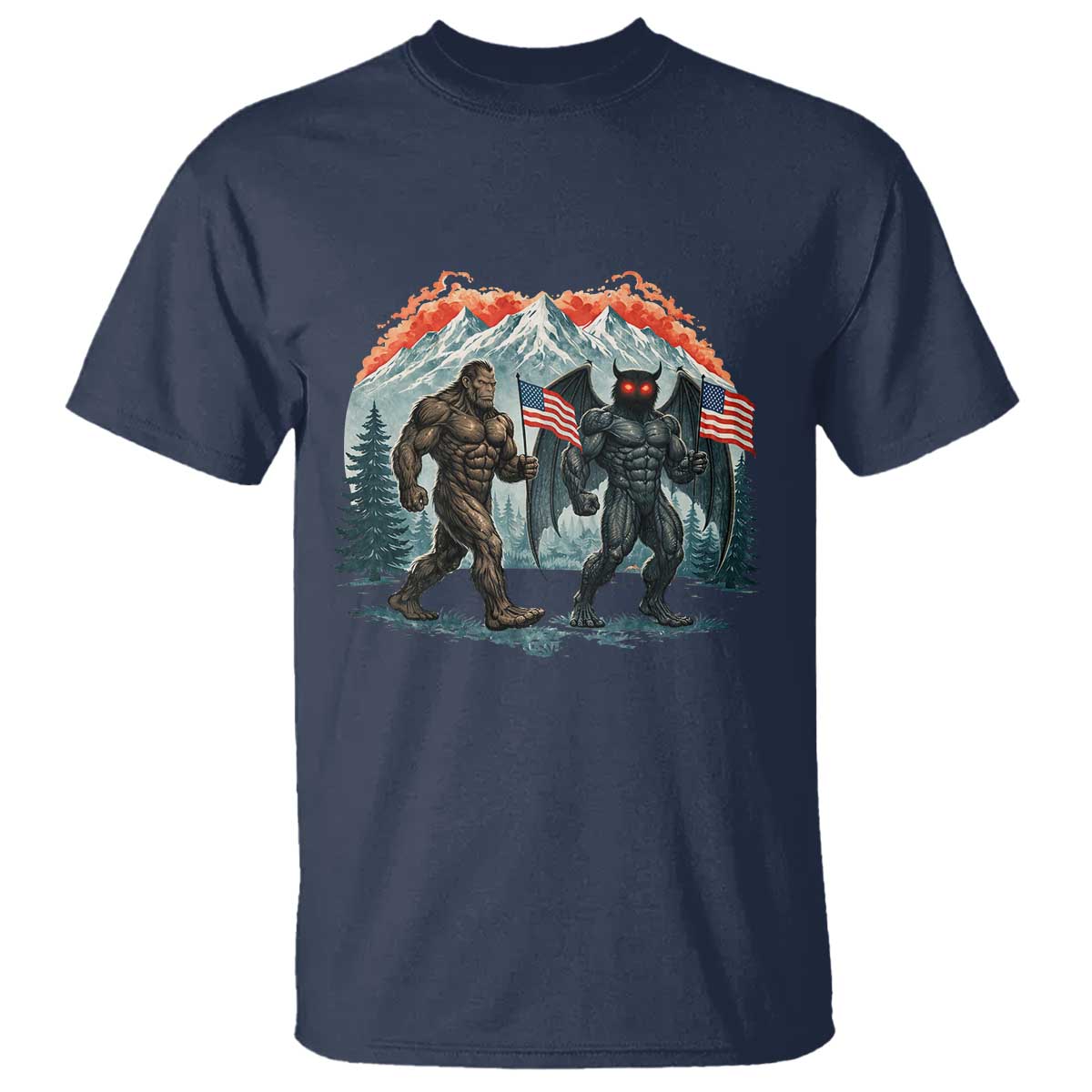 Patriotic Bigfoot And Mothman T Shirt Funny Cryptid Lover Gift TS12 Navy Print Your Wear