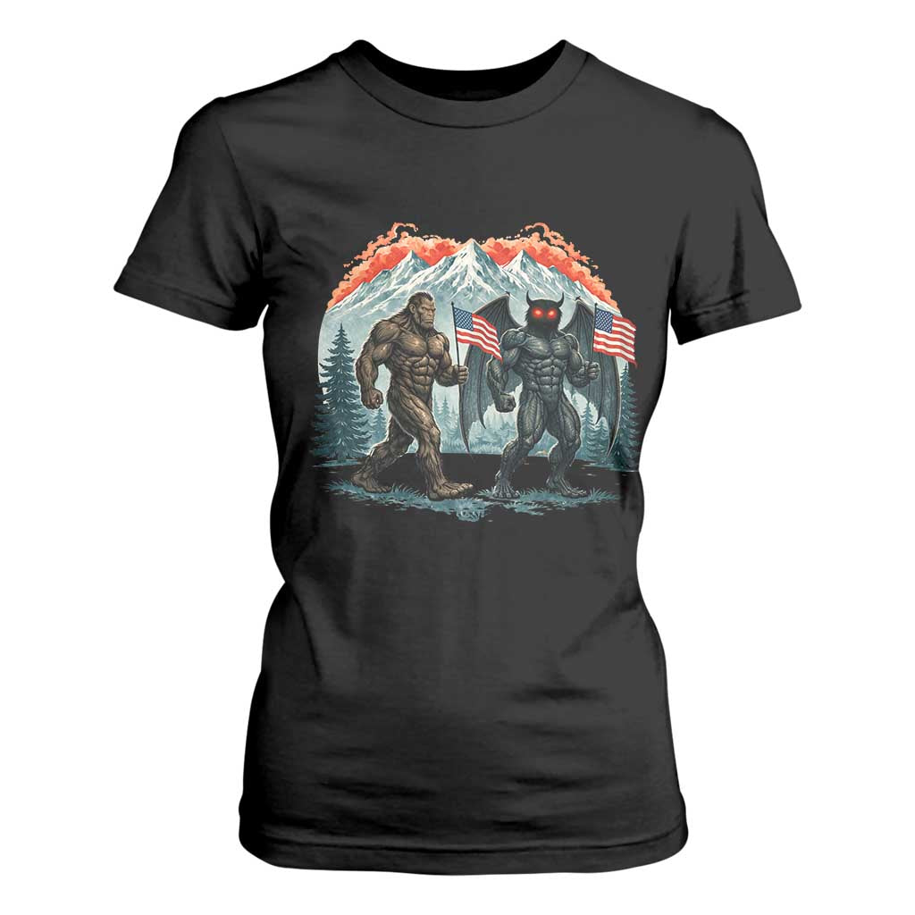 Patriotic Bigfoot And Mothman T Shirt For Women Funny Cryptid Lover Gift TS12 Black Print Your Wear
