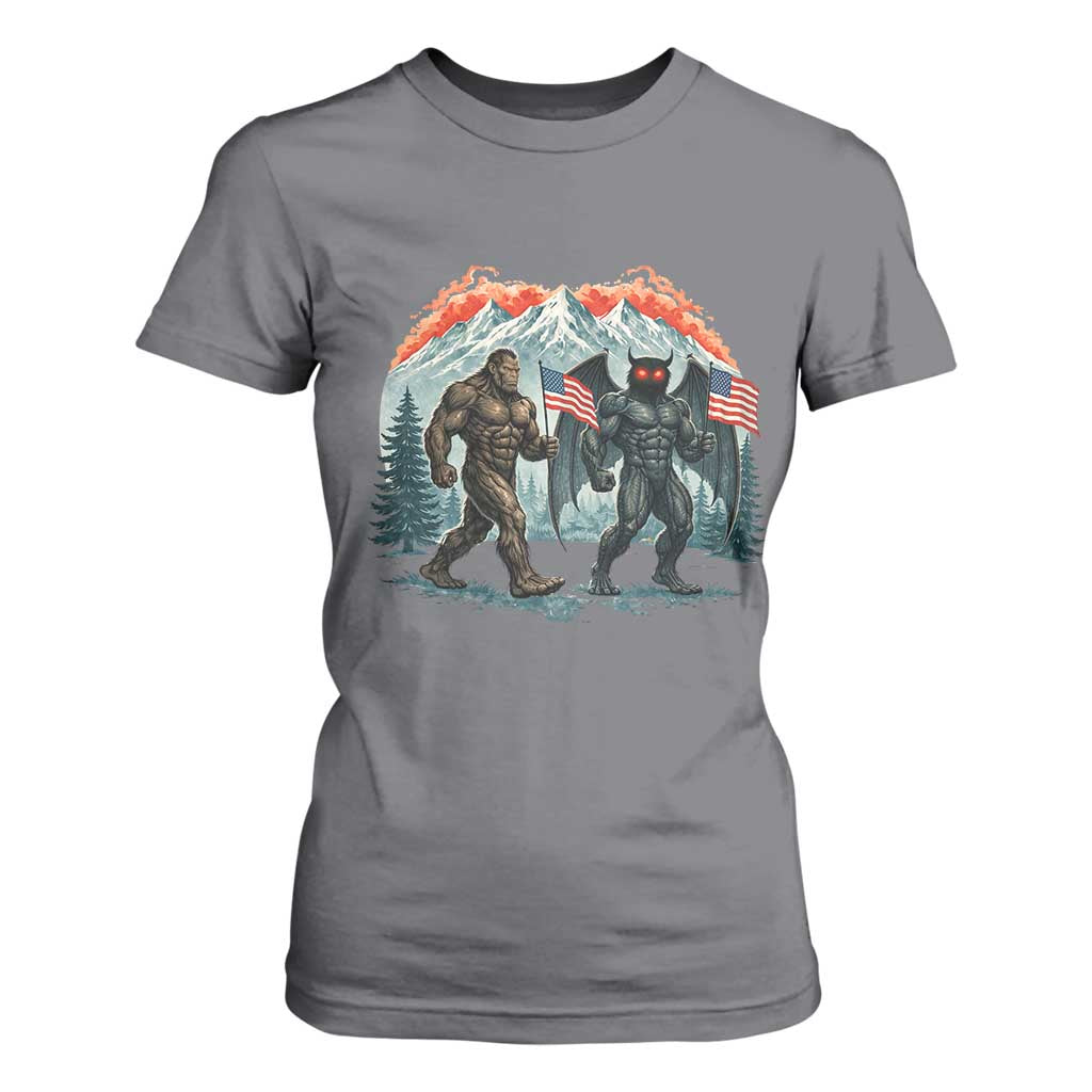 Patriotic Bigfoot And Mothman T Shirt For Women Funny Cryptid Lover Gift TS12 Charcoal Print Your Wear