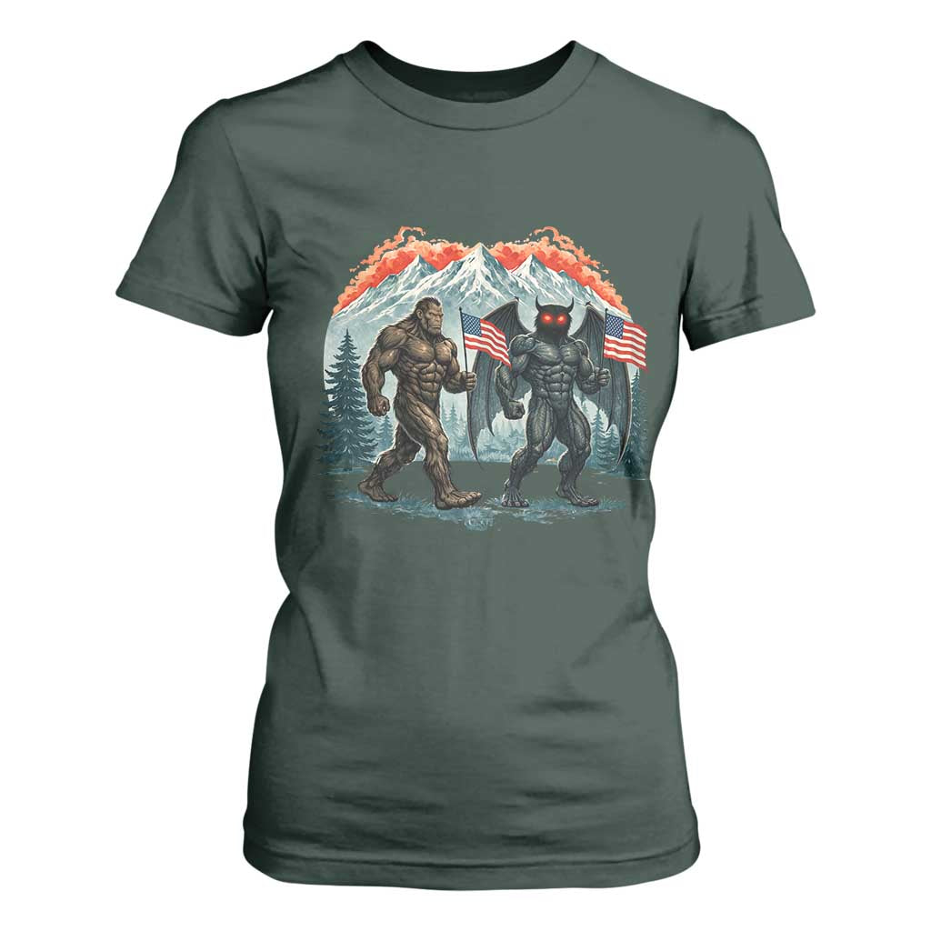 Patriotic Bigfoot And Mothman T Shirt For Women Funny Cryptid Lover Gift TS12 Dark Forest Green Print Your Wear