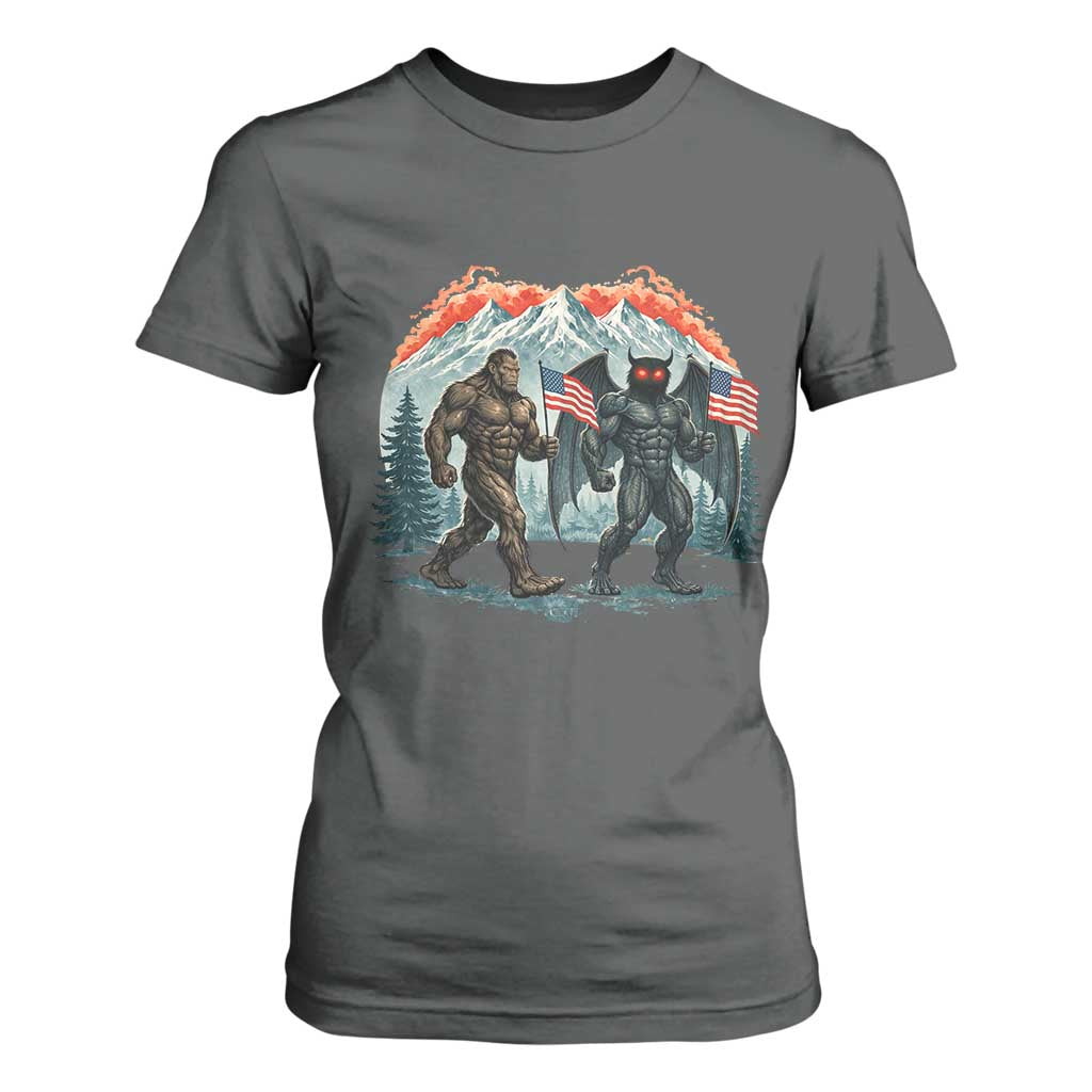 Patriotic Bigfoot And Mothman T Shirt For Women Funny Cryptid Lover Gift TS12 Dark Heather Print Your Wear