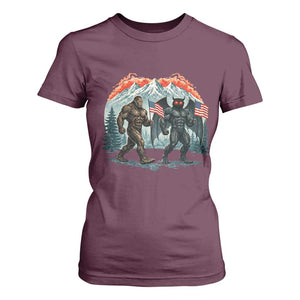 Patriotic Bigfoot And Mothman T Shirt For Women Funny Cryptid Lover Gift TS12 Maroon Print Your Wear