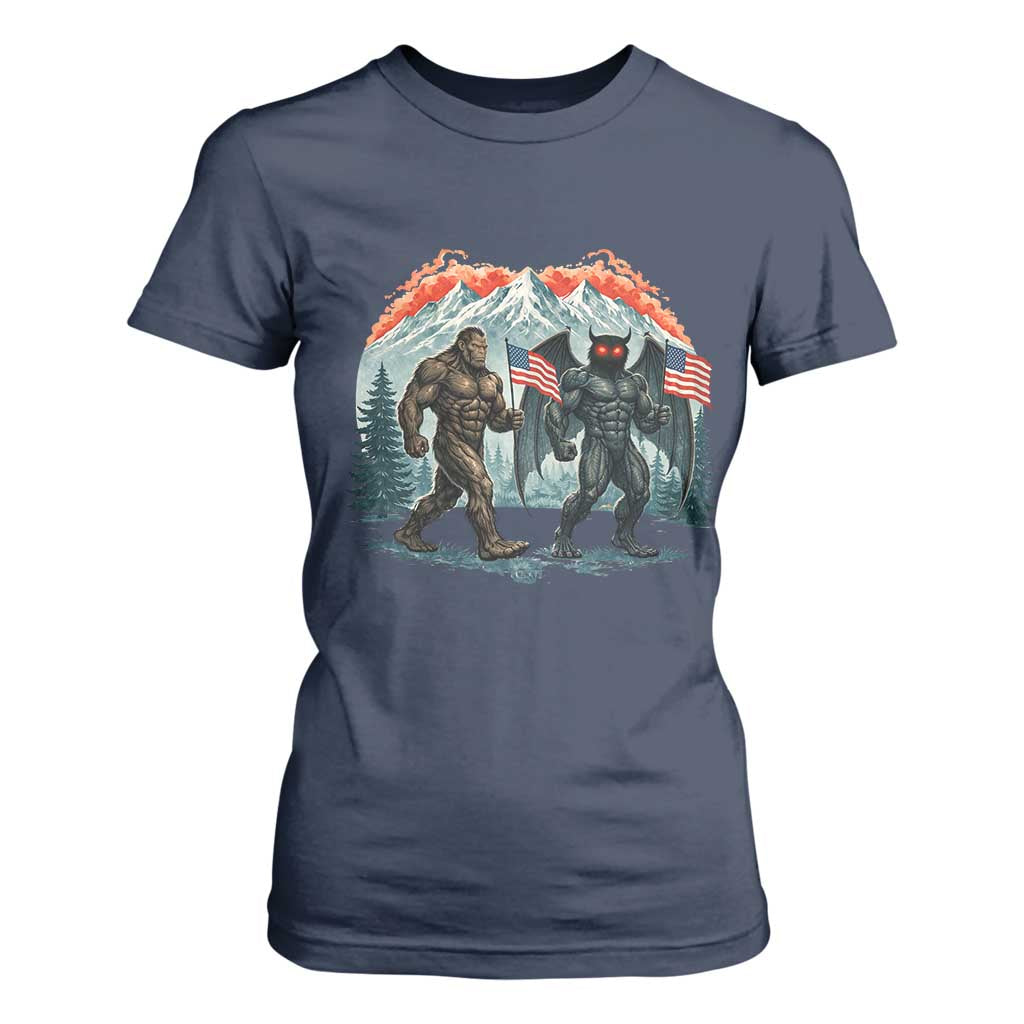 Patriotic Bigfoot And Mothman T Shirt For Women Funny Cryptid Lover Gift TS12 Navy Print Your Wear