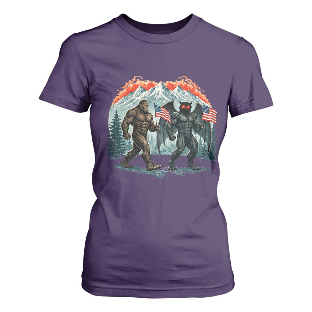 Patriotic Bigfoot And Mothman T Shirt For Women Funny Cryptid Lover Gift TS12 Purple Print Your Wear