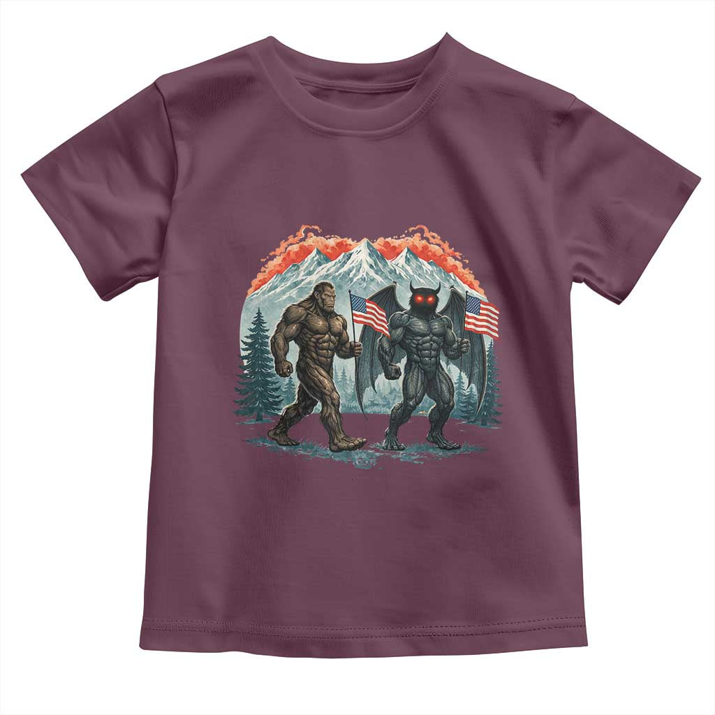 Patriotic Bigfoot And Mothman Toddler T Shirt Funny Cryptid Lover Gift TS12 Maroon Print Your Wear