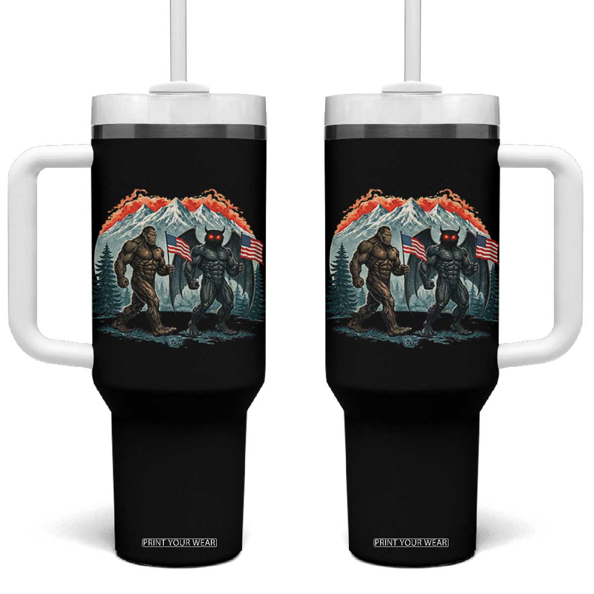 Patriotic Bigfoot And Mothman Tumbler With Handle Funny Cryptid Lover Gift TS12 One Size: 40 oz Black Print Your Wear
