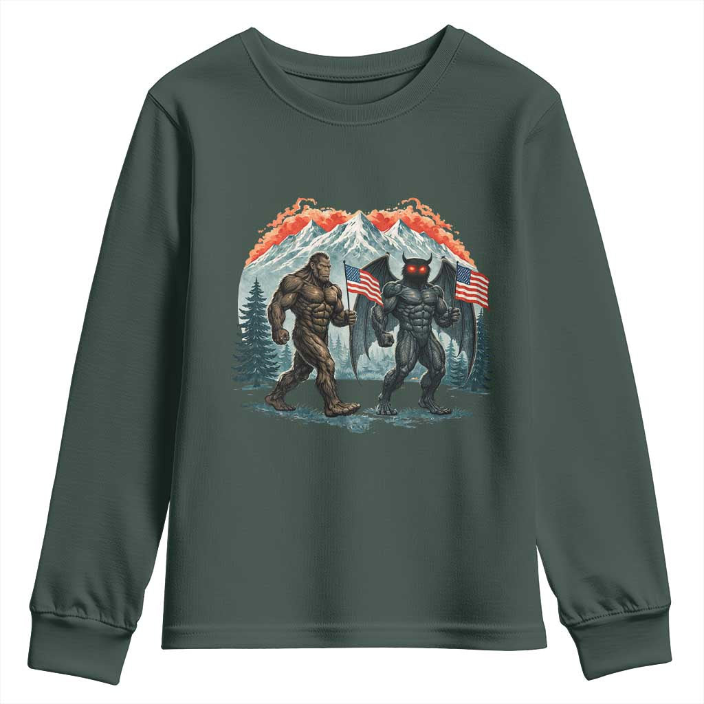 Patriotic Bigfoot And Mothman Youth Sweatshirt Funny Cryptid Lover Gift TS12 Dark Forest Green Print Your Wear