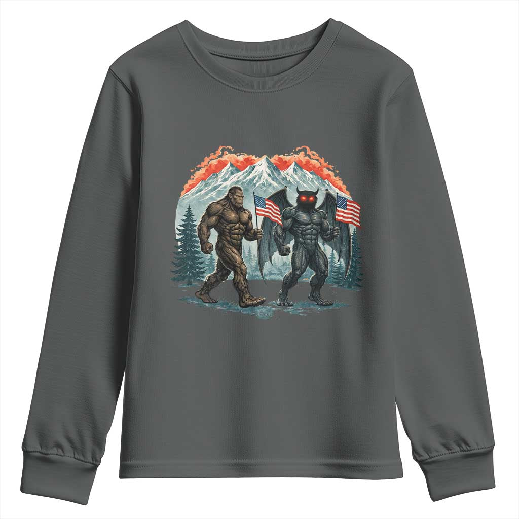Patriotic Bigfoot And Mothman Youth Sweatshirt Funny Cryptid Lover Gift TS12 Dark Heather Print Your Wear