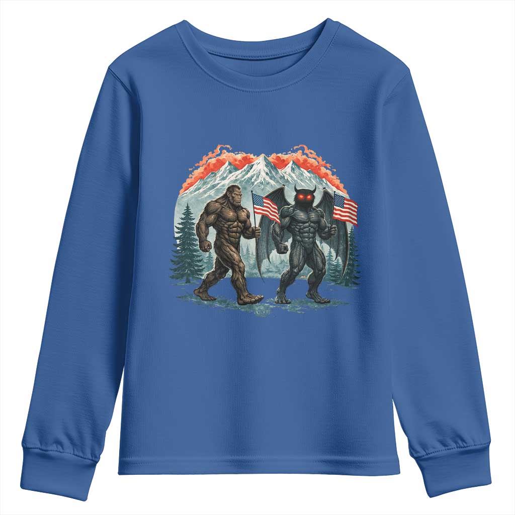 Patriotic Bigfoot And Mothman Youth Sweatshirt Funny Cryptid Lover Gift TS12 Royal Blue Print Your Wear