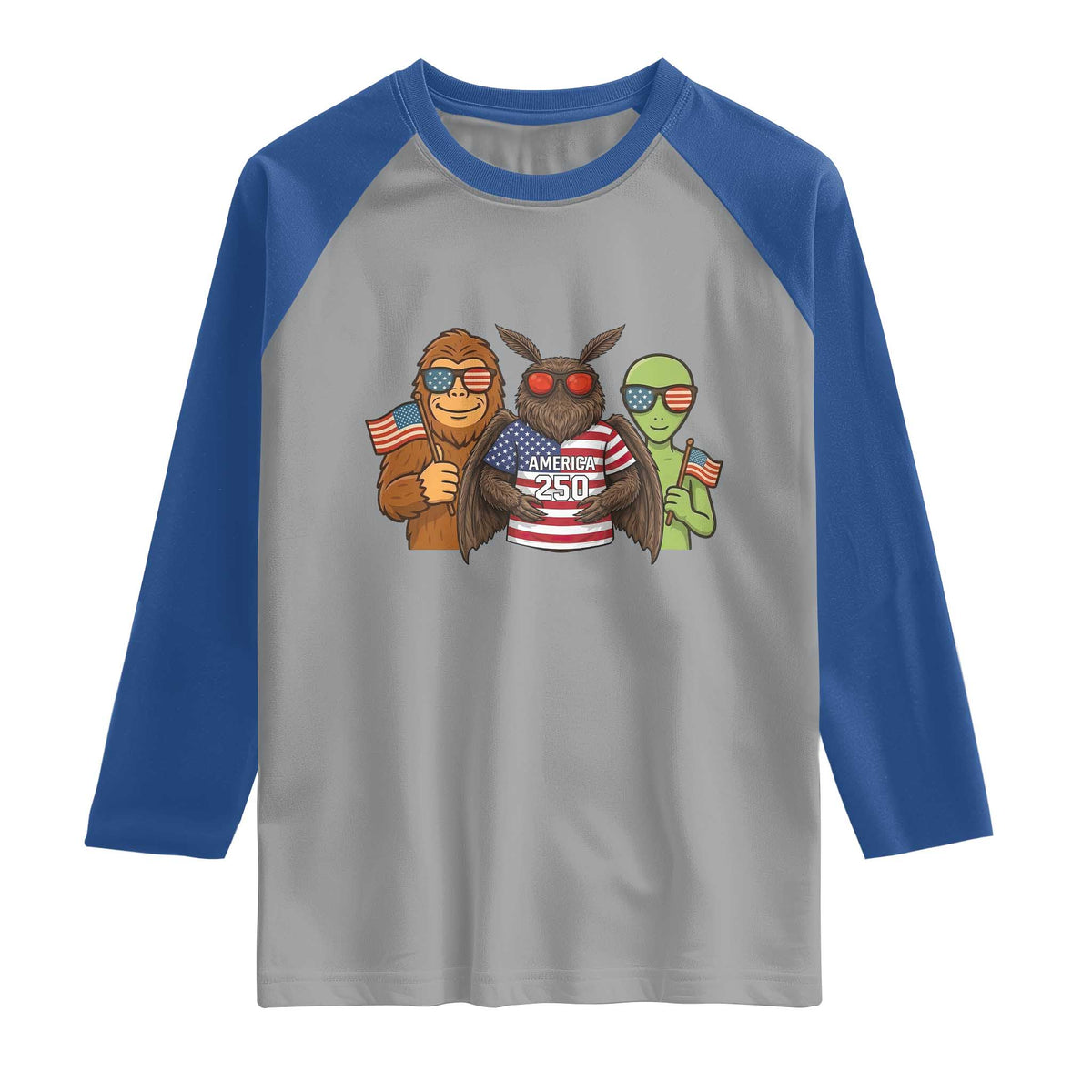 Funny Bigfoot Mothman Alien Raglan Shirt USA 250th Anniversary TS12 Sport Gray Royal Print Your Wear