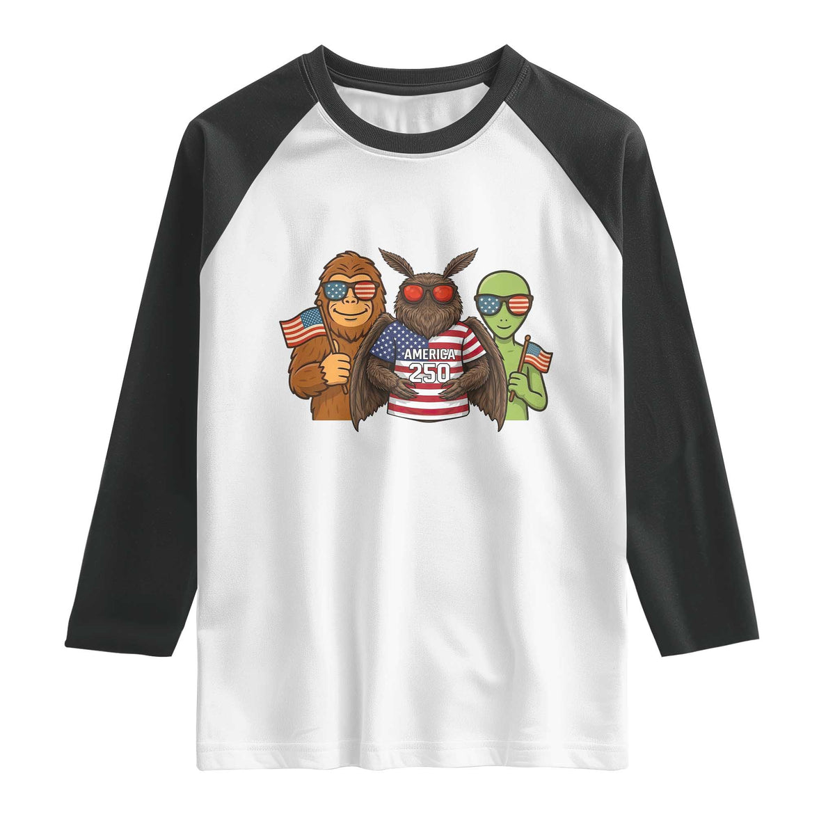 Funny Bigfoot Mothman Alien Raglan Shirt USA 250th Anniversary TS12 White Black Print Your Wear