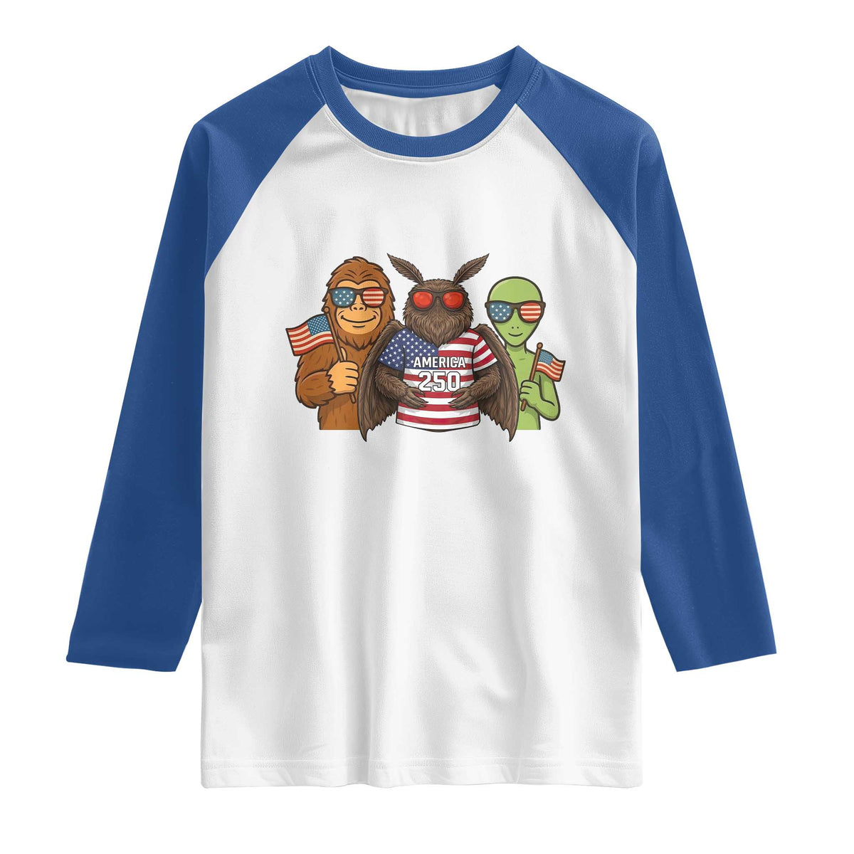 Funny Bigfoot Mothman Alien Raglan Shirt USA 250th Anniversary TS12 White Royal Print Your Wear