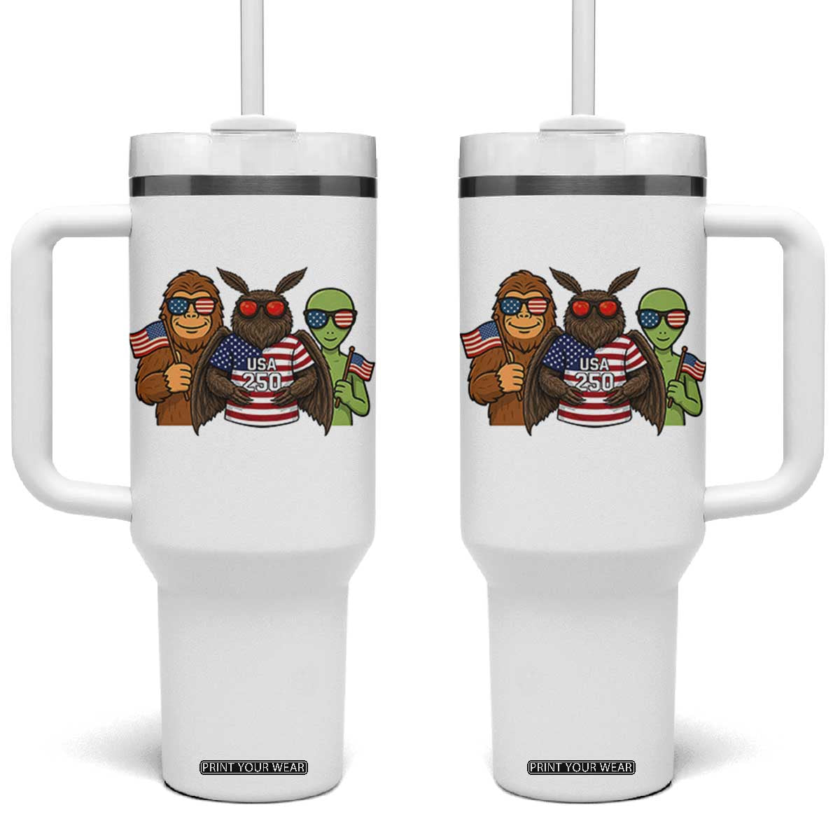 Funny Bigfoot Mothman Alien Tumbler With Handle USA 250th Anniversary TS12 One Size: 40 oz White Print Your Wear