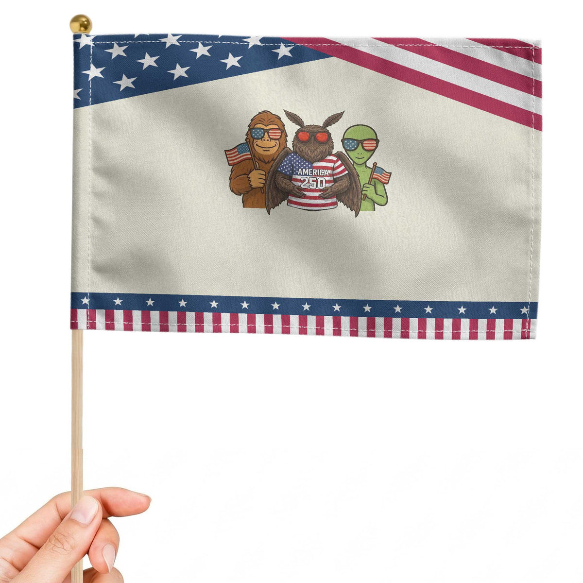 Funny Bigfoot Mothman Alien Patriotic Handheld Flag USA 250th Anniversary TS12 Modern 8.2