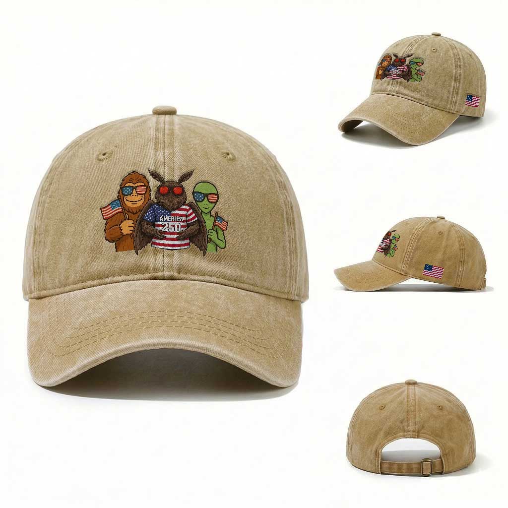 Funny Bigfoot Mothman Alien Washed Cotton Baseball Cap USA 250th Anniversary TS12 Washed Cap Universal Fit Khaki Print Your Wear