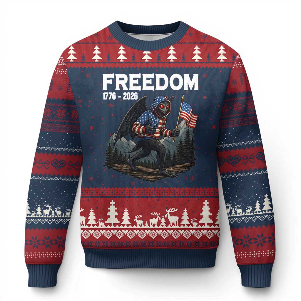 Patriotic Mothman Lover Ugly Christmas Sweater Funny USA 250 Anniversary Gift TS12 Navy Red Print Your Wear