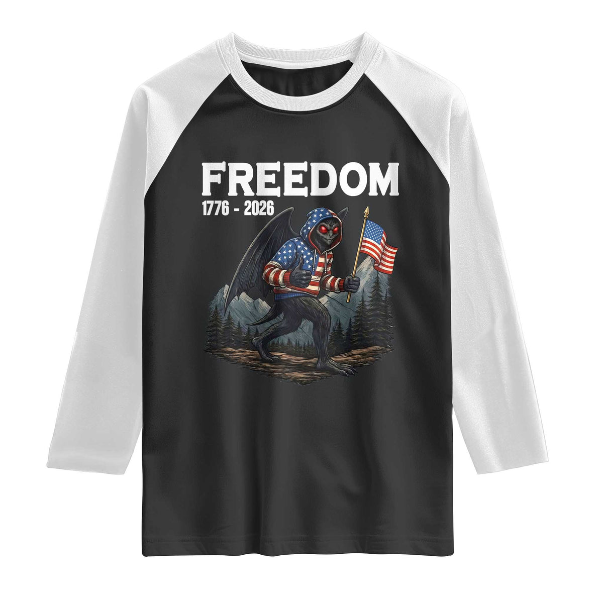 Patriotic Mothman Lover Raglan Shirt Funny USA 250 Anniversary Gift TS12 Black White Print Your Wear