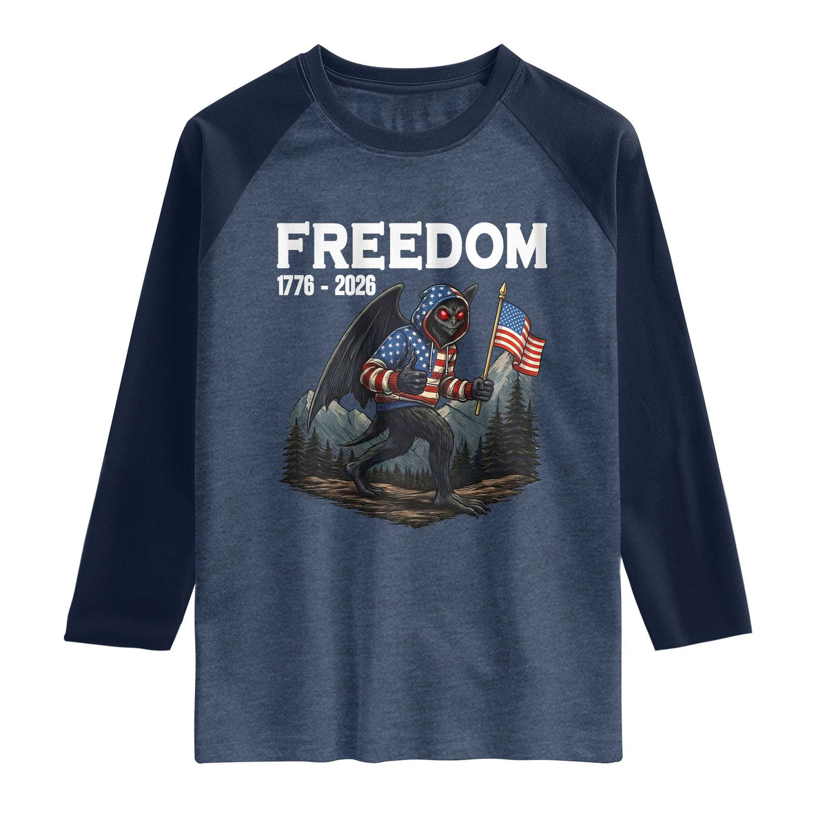 Patriotic Mothman Lover Raglan Shirt Funny USA 250 Anniversary Gift TS12 Heather Denim Navy Print Your Wear