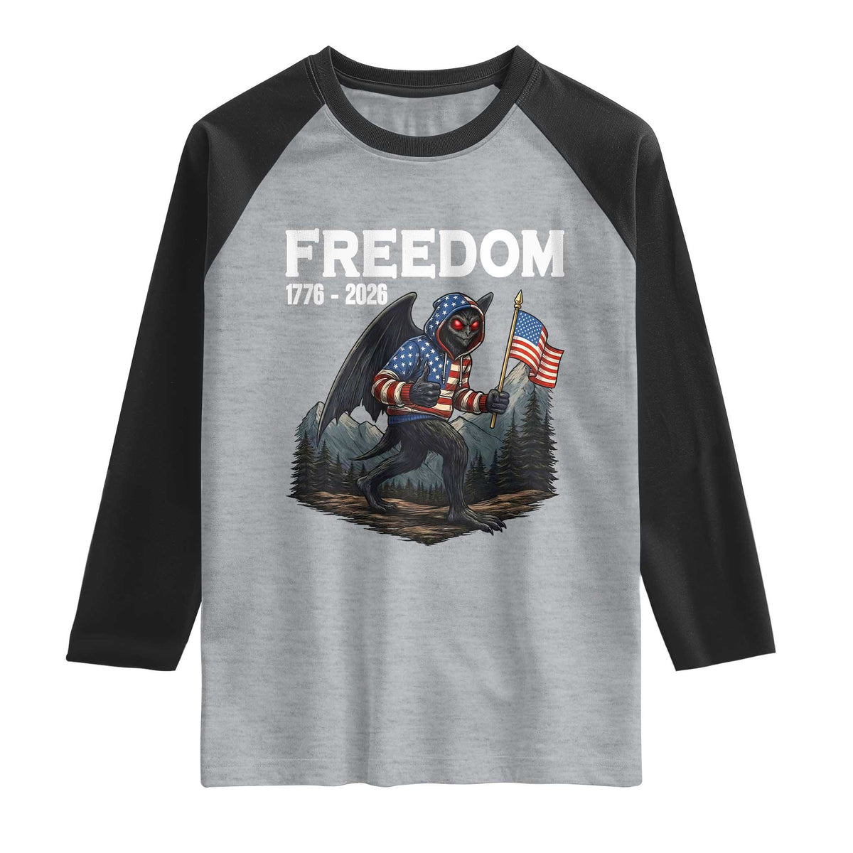 Patriotic Mothman Lover Raglan Shirt Funny USA 250 Anniversary Gift TS12 Heather Gray Black Print Your Wear