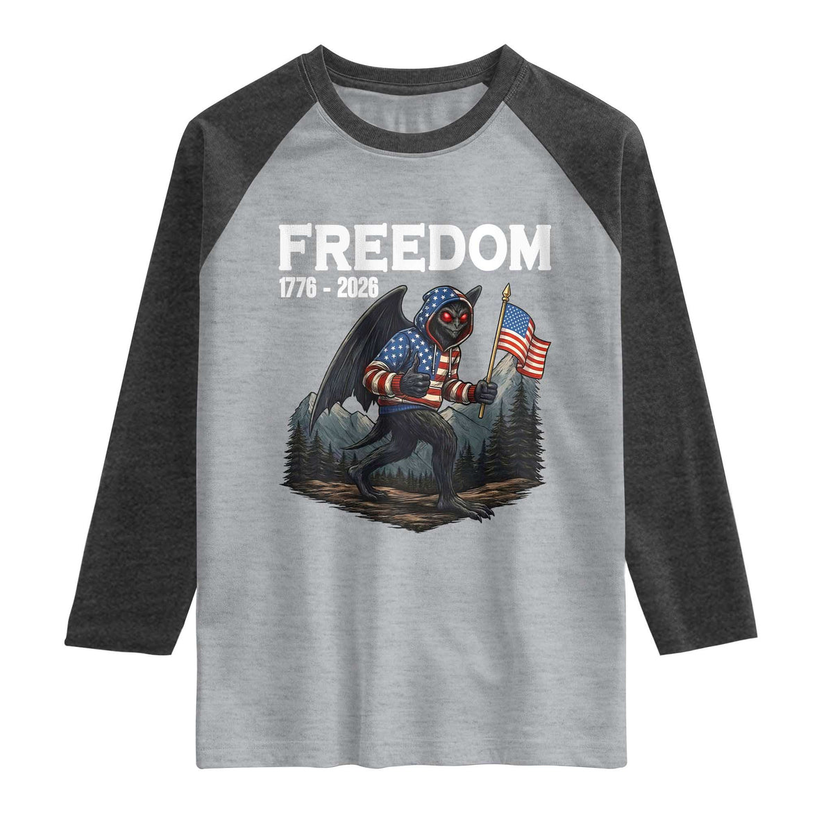 Patriotic Mothman Lover Raglan Shirt Funny USA 250 Anniversary Gift TS12 Heather Gray Heather Charcoal Print Your Wear