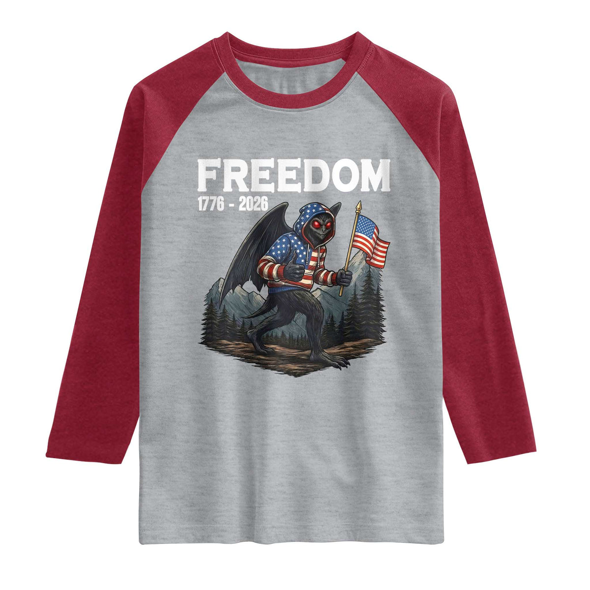 Patriotic Mothman Lover Raglan Shirt Funny USA 250 Anniversary Gift TS12 Heather Gray Heather Red Print Your Wear