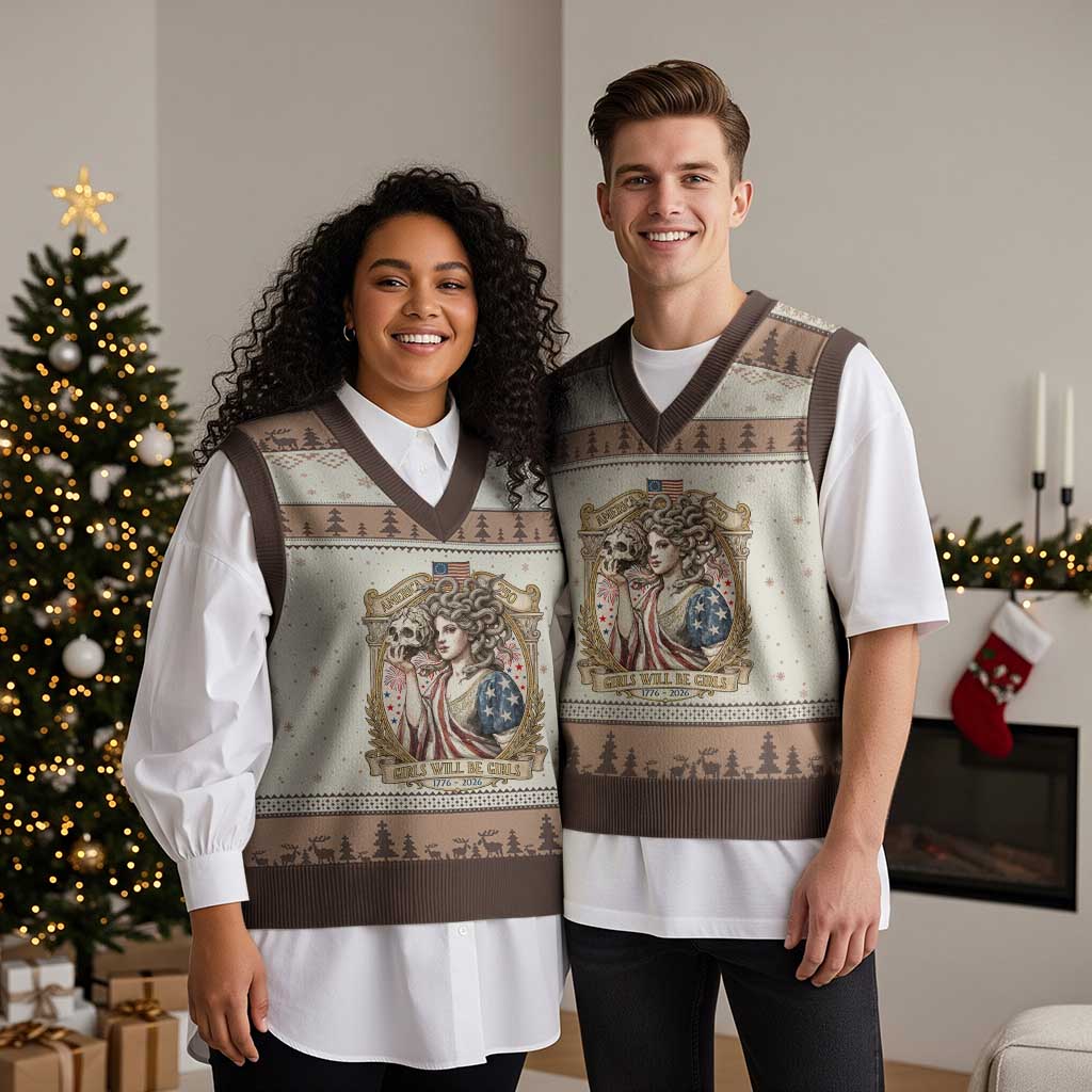 Feminist Medusa Girls Will Be Girls V-Neck Knit Sweater Vest USA 250 Anniversary Gift TS12 Mocha Mousse Print Your Wear