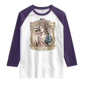 Feminist Medusa Girls Will Be Girls Raglan Shirt USA 250 Anniversary Gift TS12 White Purple Print Your Wear