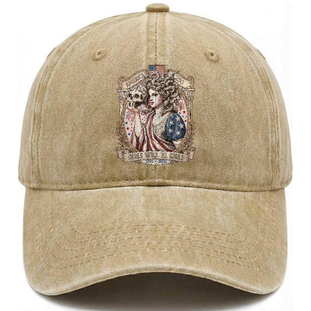 Feminist Medusa Girls Will Be Girls Washed Cotton Baseball Cap USA 250 Anniversary Gift TS12 Washed Cap Universal Fit Khaki Print Your Wear